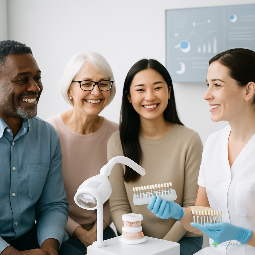 A dentist shows tooth shade guides to three smiling patients in a dental office, discussing the cost of teeth whitening procedures, with dental tools and charts visible in the background.