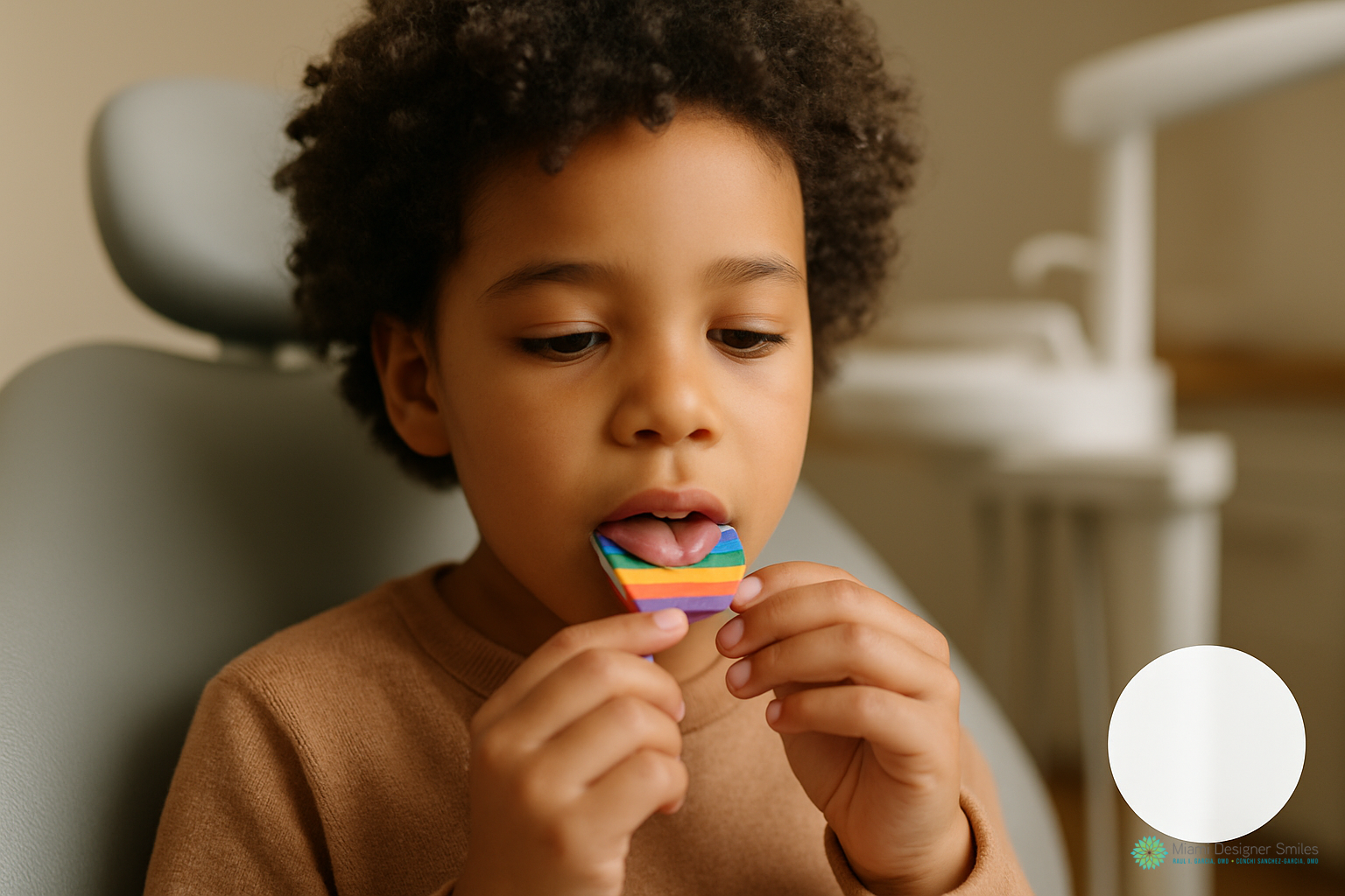 A child holds a colorful dental disclosing tablet to their tongue while sitting in a dental office chair, an important step in myofunctional therapy for children.