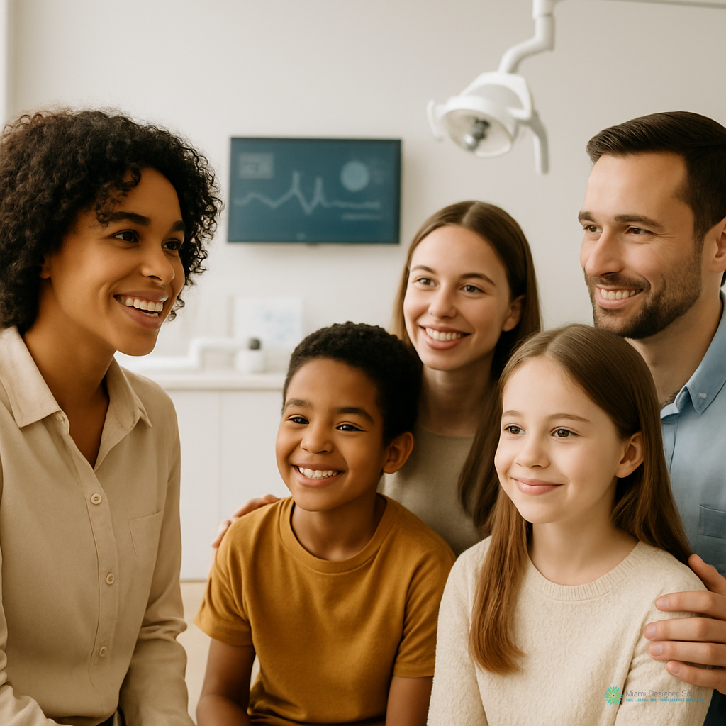 A woman speaks to a smiling family of four, including two children, in a brightly lit office setting with dental equipment visible in the background, while discussing TMJ treatment for headaches and its benefits for their overall well-being.