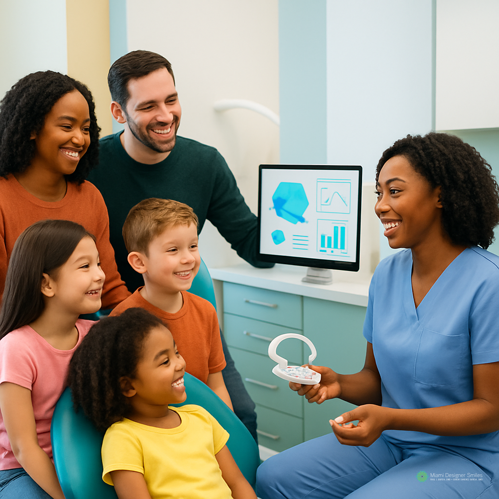 A dental professional in blue scrubs explains dental care and offers a sleep apnea consultation in Miami to a smiling family with three children, displaying a dental model and charts on a computer screen in a clinic.
