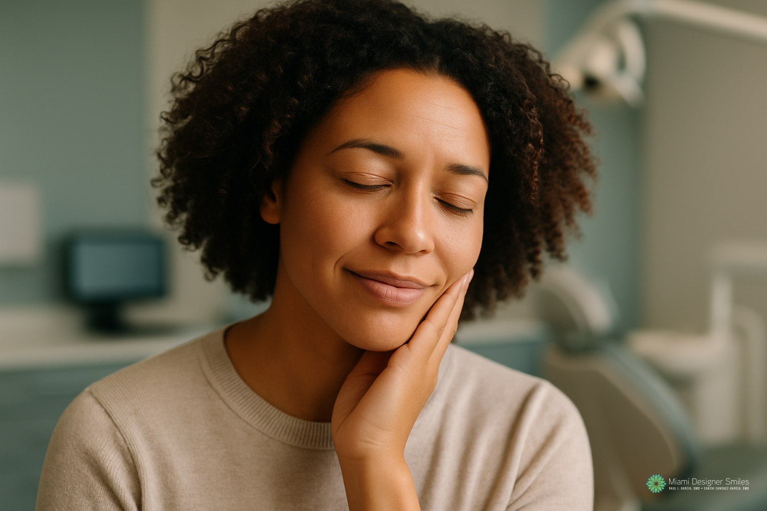 A woman sits in a dental office, eyes closed and gently touching her cheek with one hand, appearing to feel relief or comfort after receiving TMJ treatment for headaches.