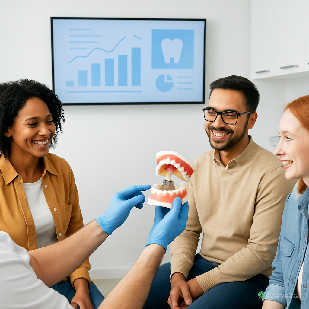 A dental professional demonstrates advanced orthodontic techniques using a model of teeth to three patients in an office, with a dental chart and graphs displayed on a monitor in the background.