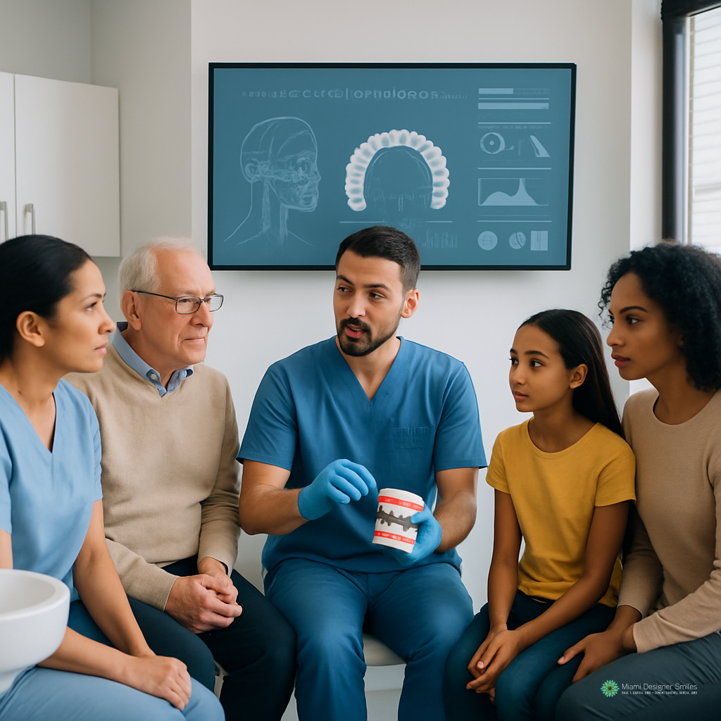 A dentist explains dental care and advanced orthodontic techniques using a teeth model to a diverse group of people in a clinic, with dental charts displayed on a screen in the background.