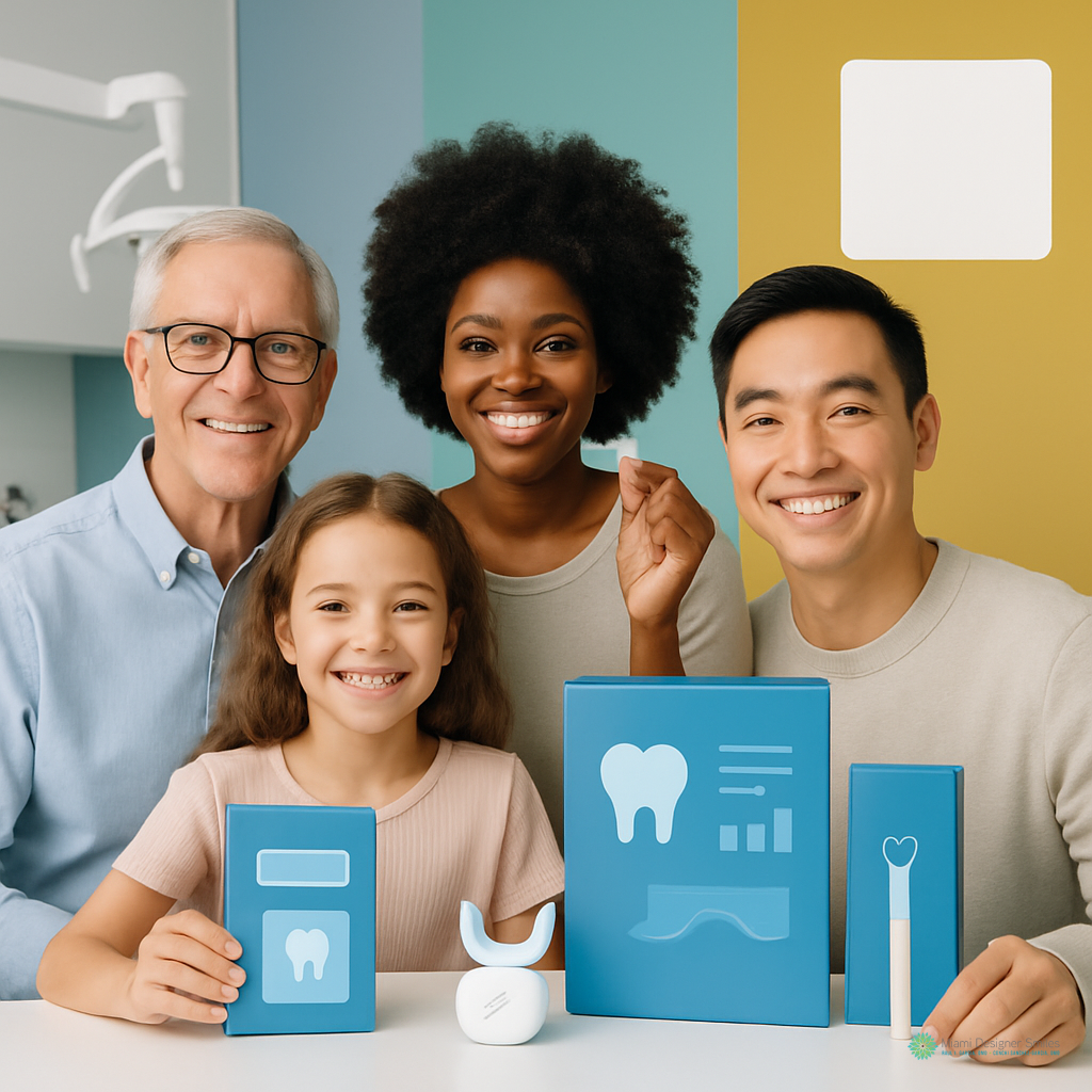 Four people of different ages and backgrounds smile and display blue dental care products in a brightly colored room, demonstrating accessible options for anyone curious about the cost of teeth whitening procedures.
