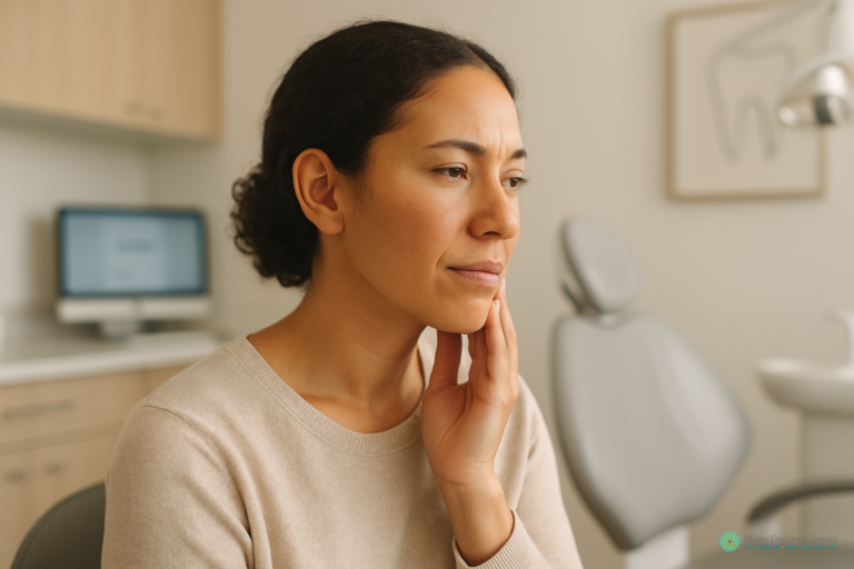 A woman sits in a dental office, touching her cheek with a concerned expression, suggesting possible tooth pain and perhaps considering TMJ treatment for headaches.