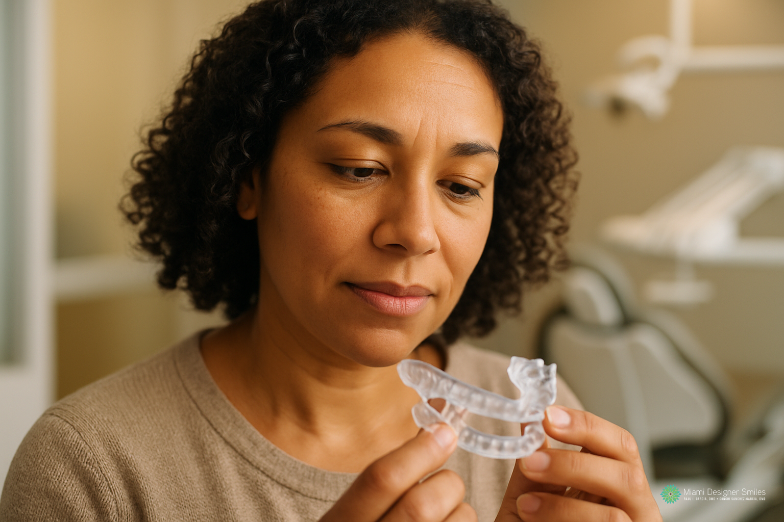 A person with curly hair examines a clear dental mouthguard, one of the sleep apnea treatment options, while seated in a dental office.