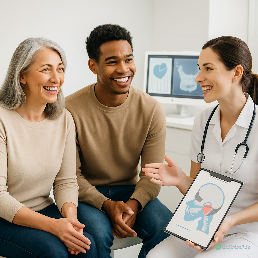 A doctor discusses a medical diagram about TMJ treatment for headaches with two patients, a smiling woman and man, in a clinical office setting with anatomical images in the background.