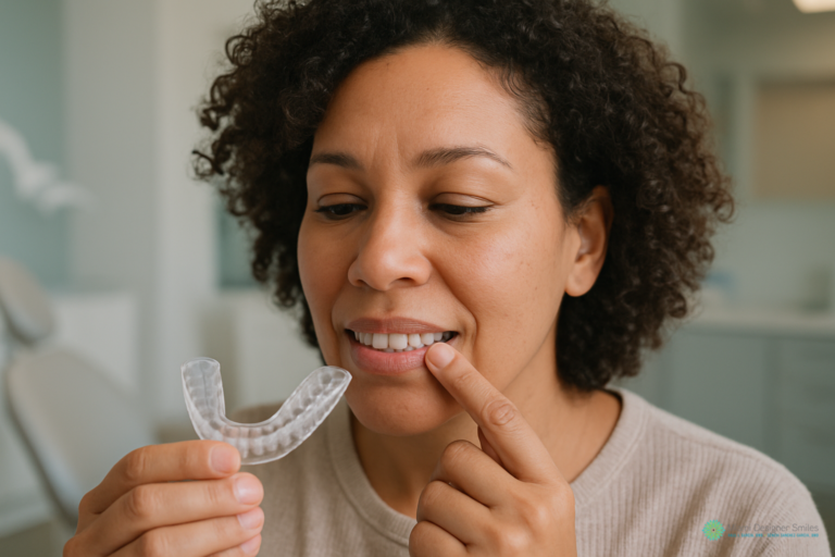 A person holds a clear dental mouthguard and points to their teeth, preparing to place the mouthguard in their mouth—an essential step for those considering alternatives to the cost of teeth whitening procedures.