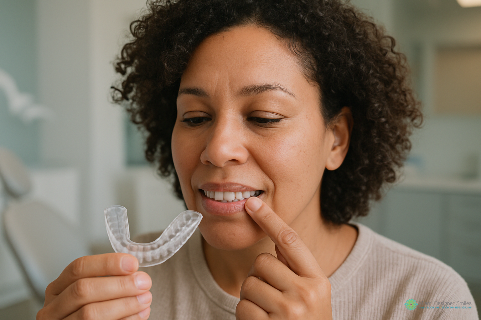A person holds a clear dental mouthguard and points to their teeth, preparing to place the mouthguard in their mouth—an essential step for those considering alternatives to the cost of teeth whitening procedures.