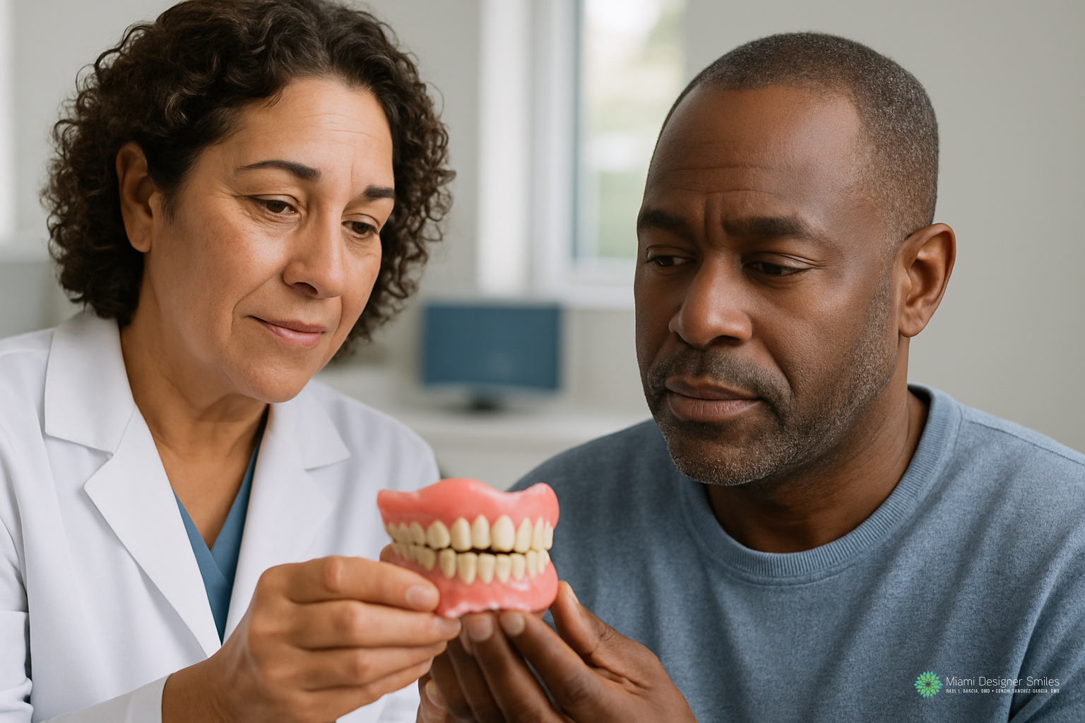 Un dentista le muestra a un paciente varón una dentadura postiza y le explica cómo cuidar los dientes en una consulta dental.