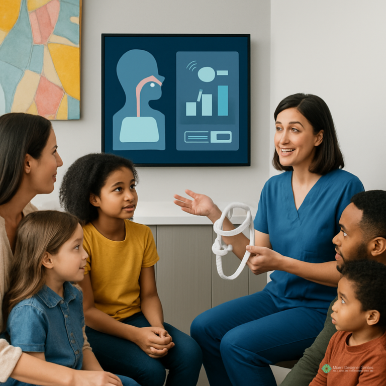 A healthcare worker explains a medical device to a family with three children, with a medical diagram displayed on the wall behind them during a sleep apnea consultation in Miami.