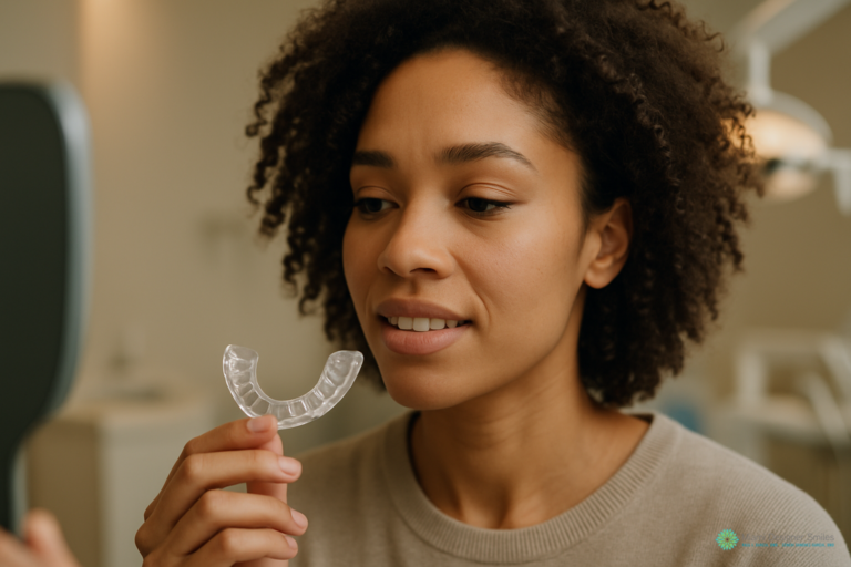 A woman looks at a clear dental aligner she is holding, preparing to place it in her mouth at a dental office, while considering the cost of teeth whitening procedures for her overall smile transformation.