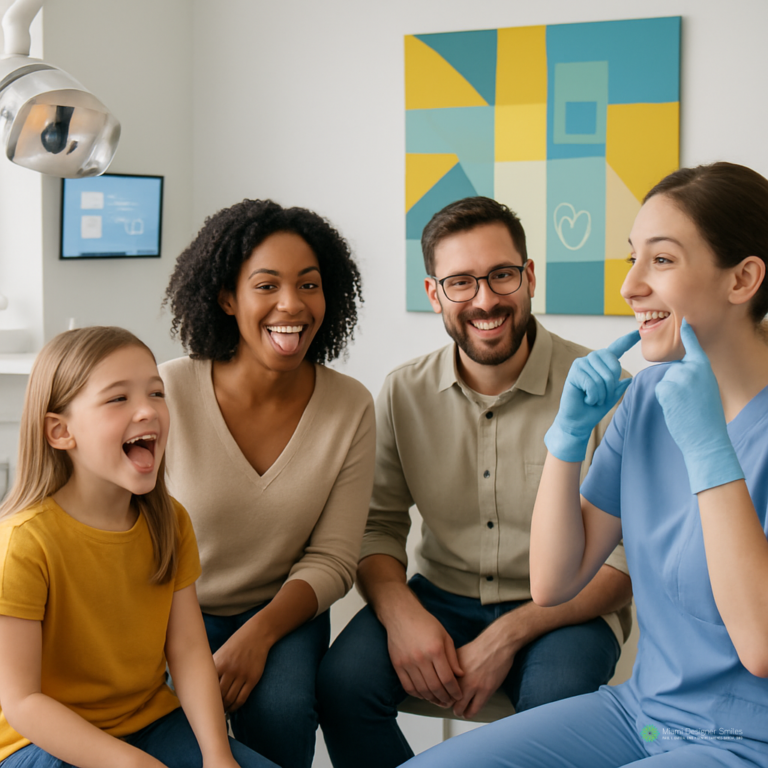 A Miami myofunctional therapy specialist demonstrates dental hygiene techniques to a smiling family—two adults and one child—in a brightly lit dental office.