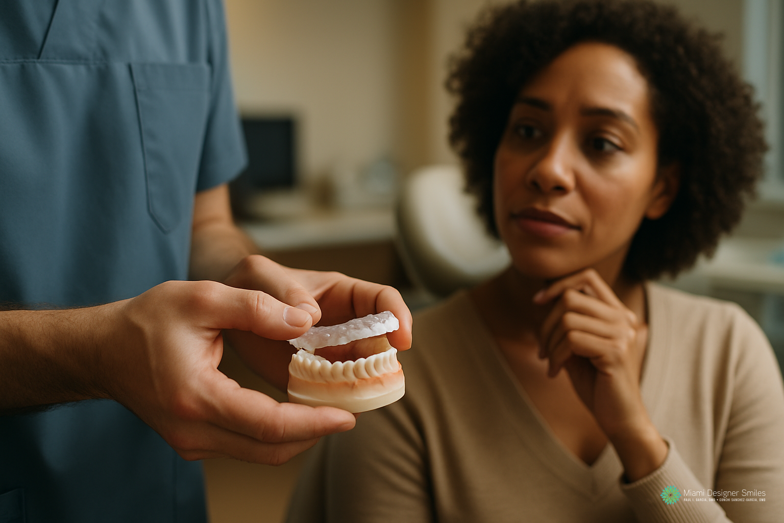 A dental professional, known as the best TMJ specialist in Miami, shows a woman a clear mouthguard and a model of teeth during a consultation in a dental office.