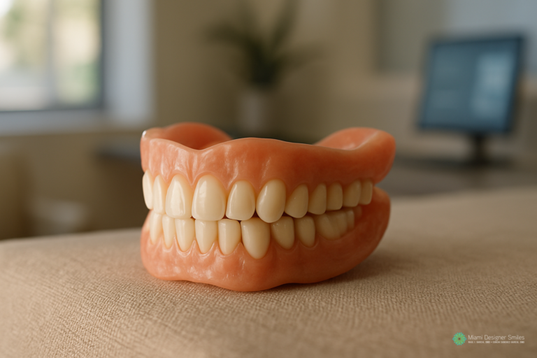 A set of realistic full upper and lower dentures is displayed on a beige surface in a dental office setting, exemplifying the quality and natural appearance of affordable dentures in Miami.
