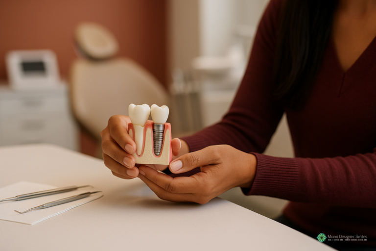 A person holds a dental model showing implants and natural teeth in a dental office, with dental tools on the table, illustrating some of the best dental implant options available for restoring your smile.