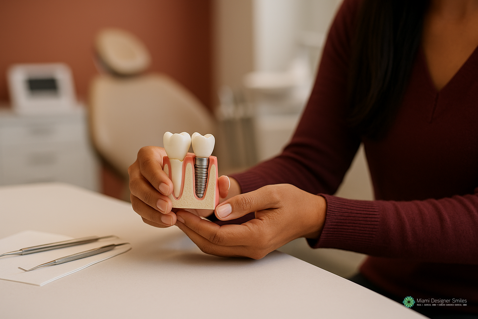 A person holds a dental model showing implants and natural teeth in a dental office, with dental tools on the table, illustrating some of the best dental implant options available for restoring your smile.