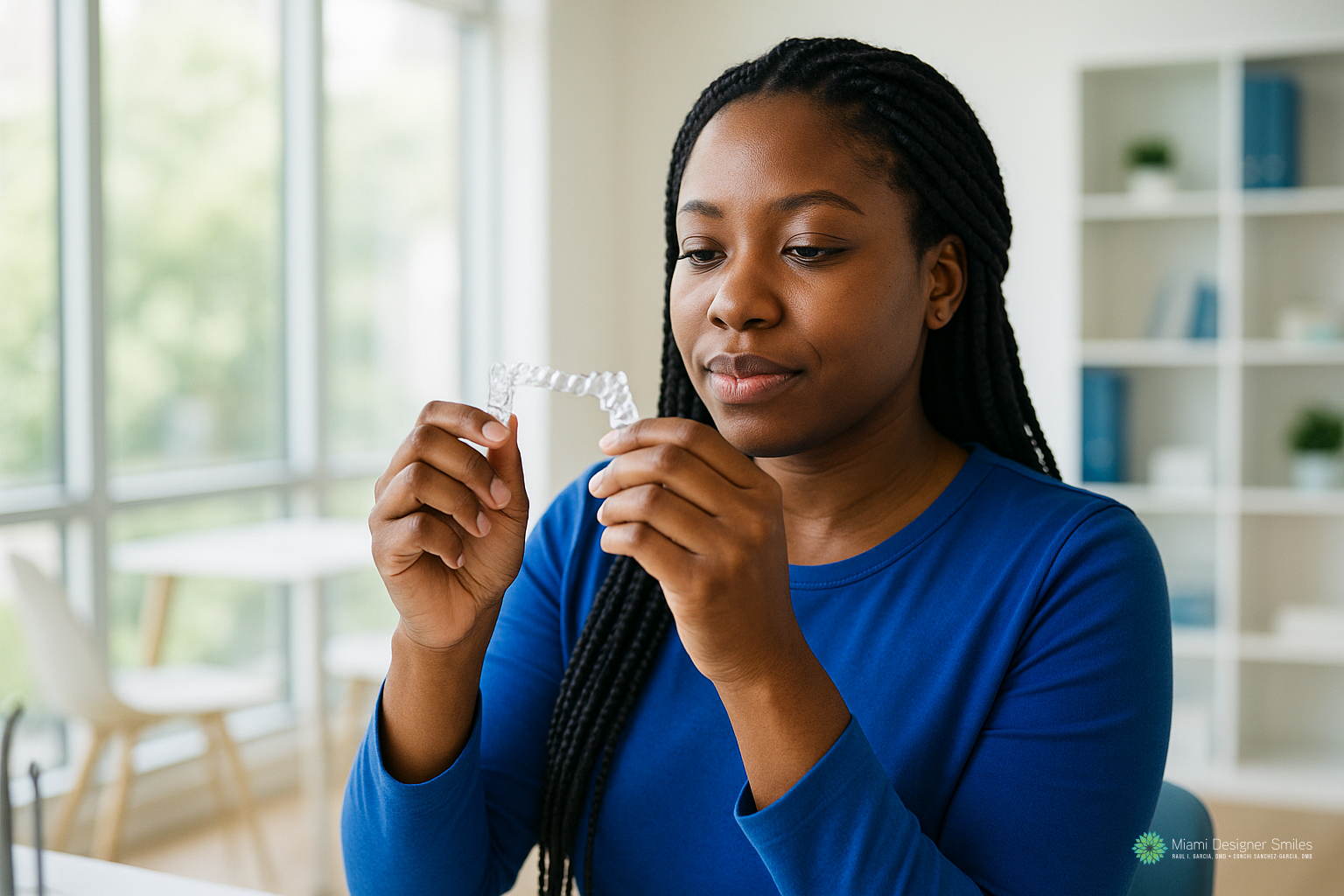 A woman in a blue shirt holds and examines a clear dental aligner, considering the differences of Invisalign vs traditional braces, in a bright, modern room with large windows and shelves in the background.