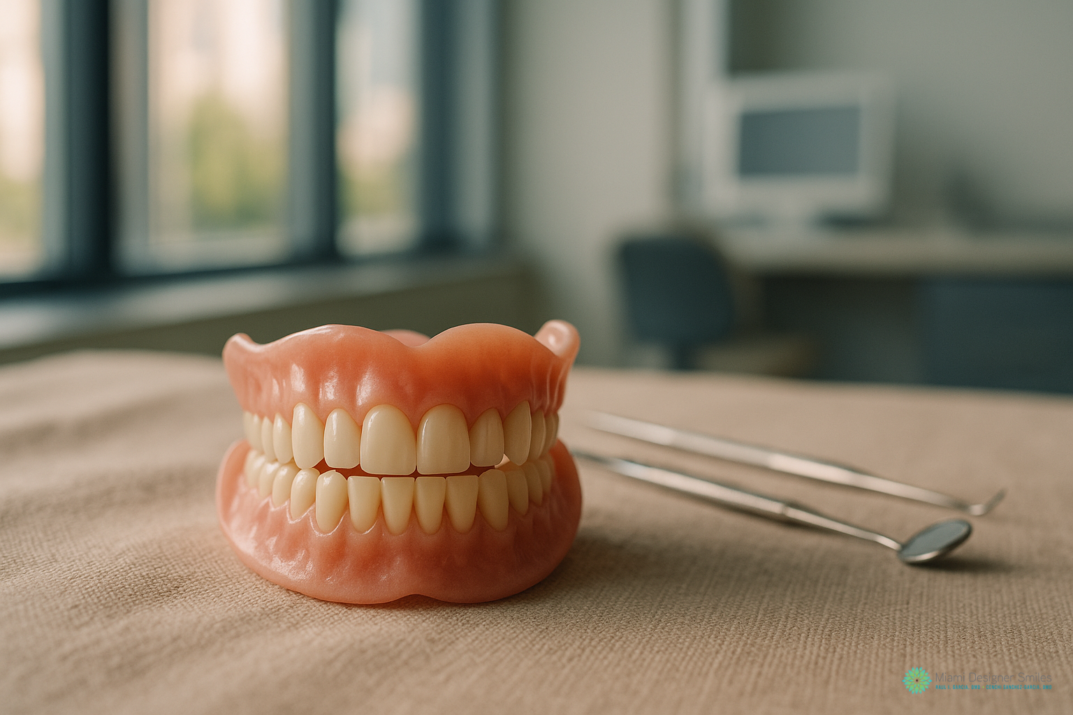 A set of artificial dentures is placed on a beige surface next to dental tools in a dental office, showcasing options for affordable dentures in Miami.