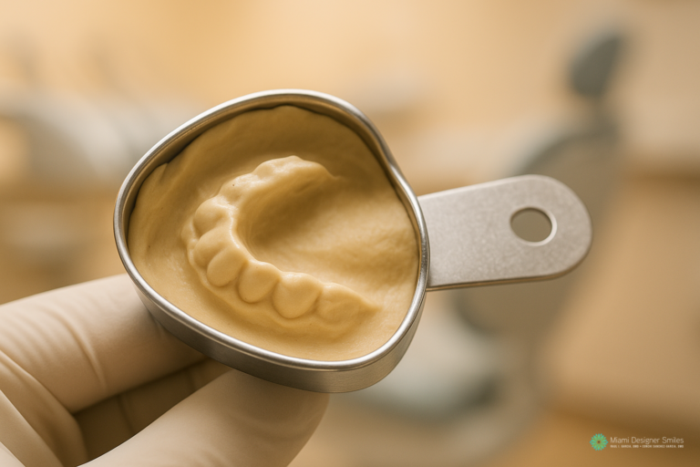 A gloved hand holds a dental impression tray filled with yellow dental impression material, showing the upper teeth mold—a common step in orthodontics for children.