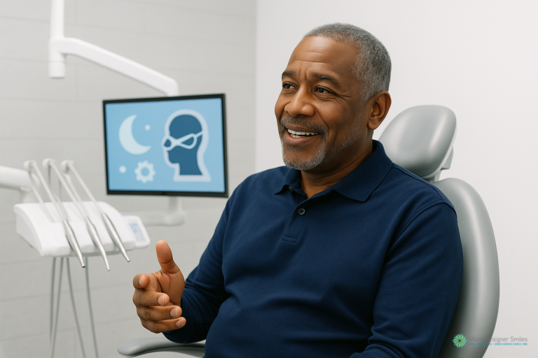 A man sits in a dental chair, smiling and gesturing with his hand. Dental equipment and a monitor with a medical graphic are visible in the background, highlighting innovative obstructive sleep apnea solutions offered at the clinic.