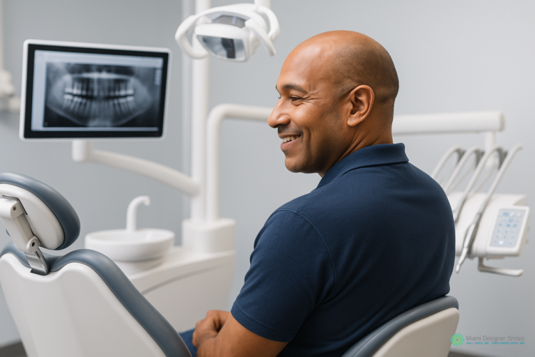A man sits in a dental chair, smiling, with a dental X-ray displayed on a monitor in the modern office of a Miami family dentist.