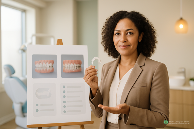 A dentist in a beige suit holds a clear aligner and gestures toward a dental chart showing before-and-after images of teeth, illustrating the results of Invisalign vs traditional braces in a modern dental office.
