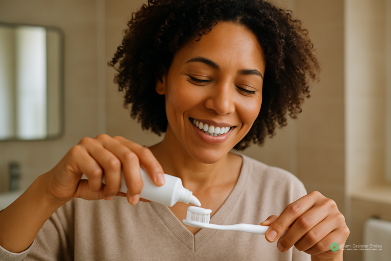 Smiling woman applying toothpaste to a toothbrush in a bathroom, perhaps considering the cost of teeth whitening procedures as she maintains her bright smile.