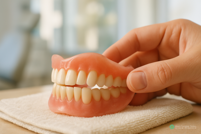 Una mano sostiene una dentadura postiza completa, tanto superior como inferior, colocada sobre una toalla blanca doblada, con un fondo desenfocado.