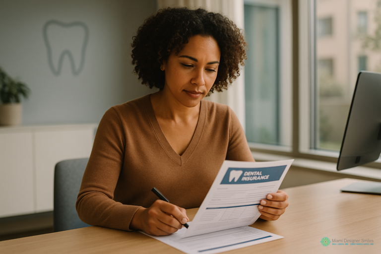 A new patient sits at a desk, holding and filling out a dental insurance form with a pen. An abstract tooth image is on the wall in the background.