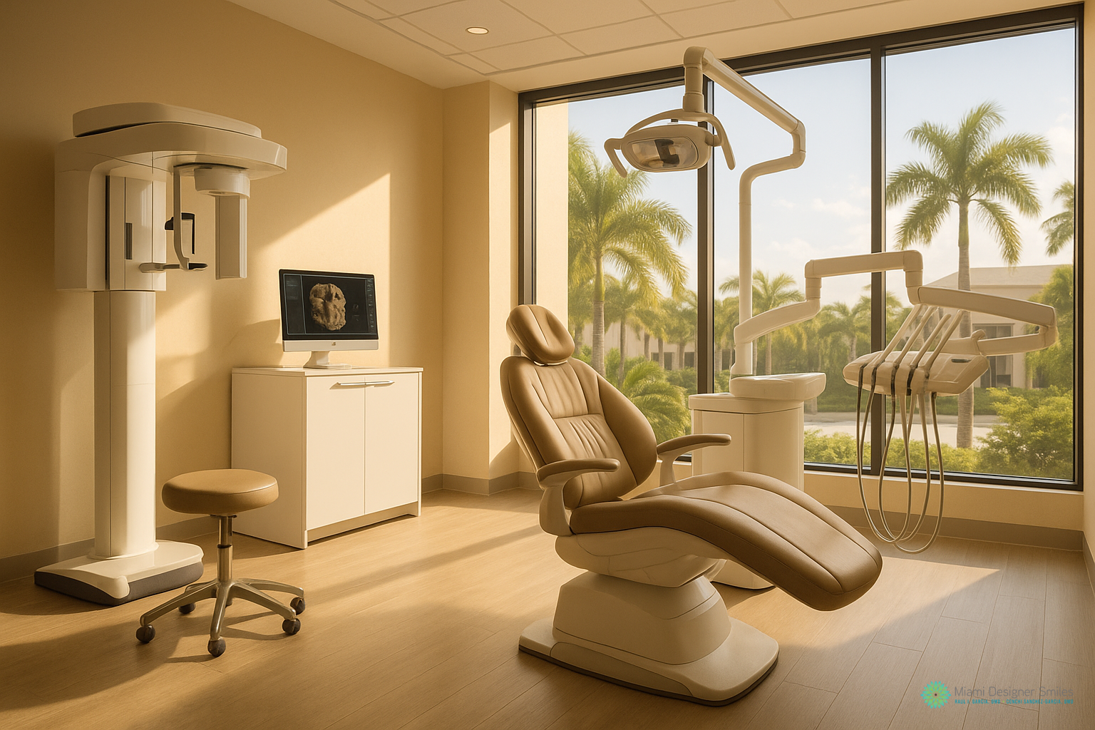 Modern dental office with an exam chair, dental equipment, computer, and large window showing palm trees outside in bright daylight—an inviting space often chosen by those seeking the best TMJ specialist in Miami.