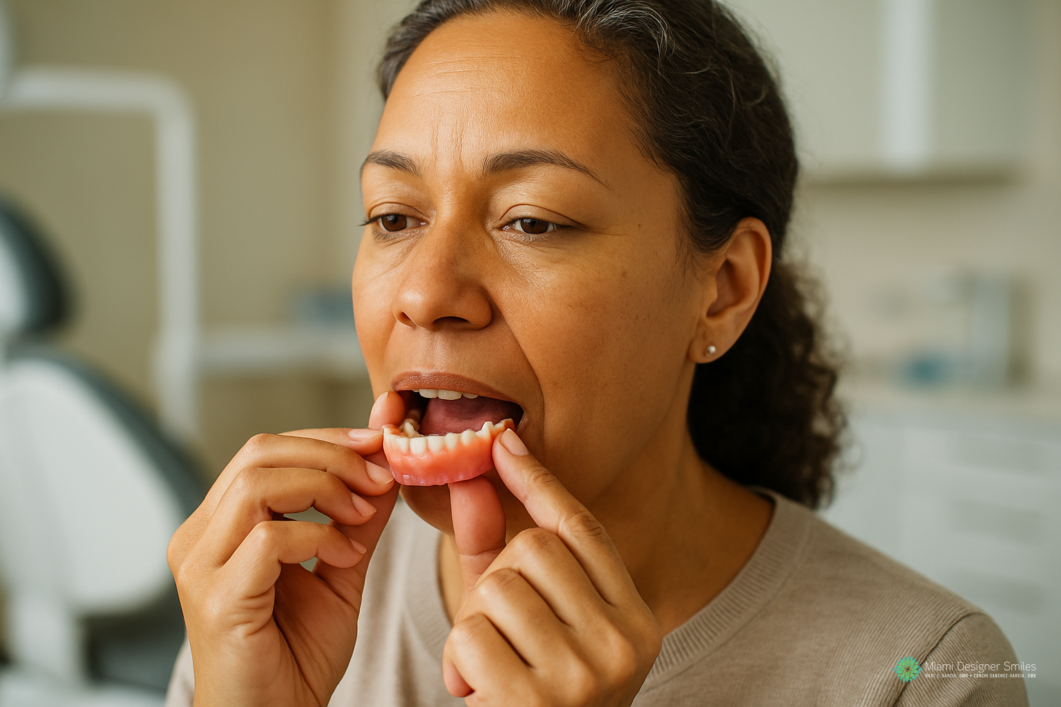 A woman in a dental clinic carefully inserts a set of upper dentures into her mouth, appreciating the confidence and comfort provided by affordable dentures in Miami.