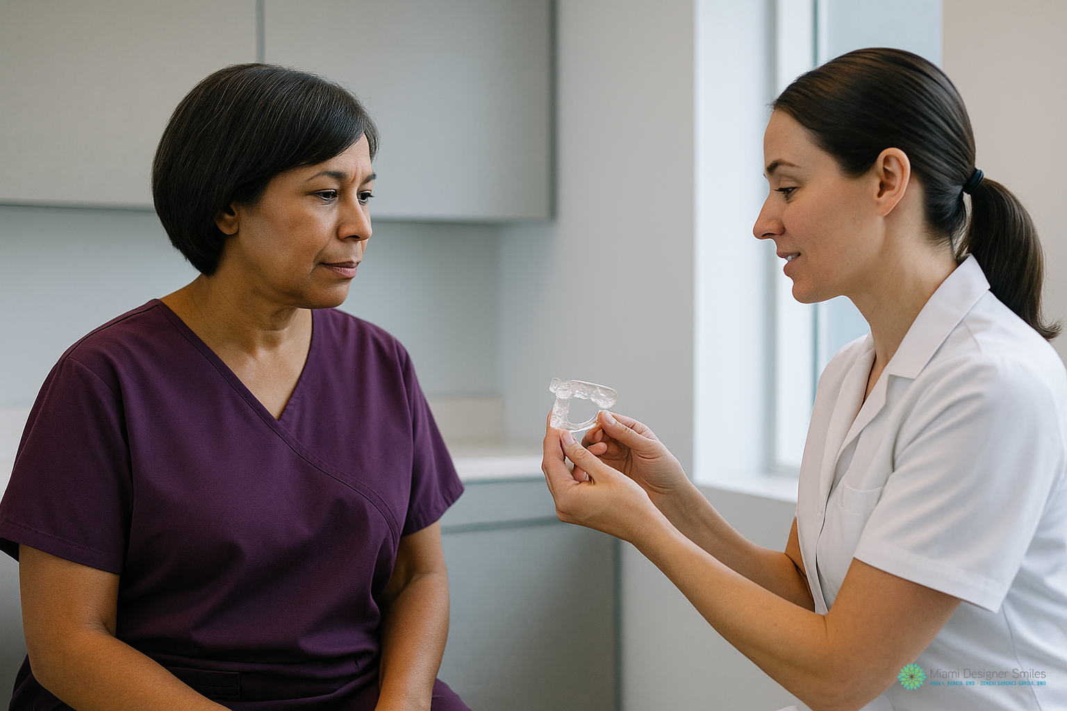 A healthcare professional, recognized as the best TMJ specialist in Miami, shows a dental device to a patient wearing purple scrubs during a medical consultation in a clinic room.