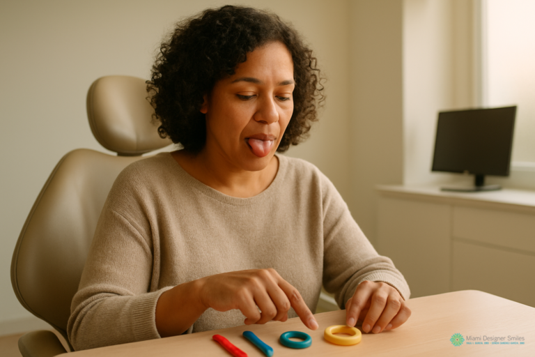 A woman sits at a desk sticking out her tongue, using her fingers to touch colored rings and sticks arranged on the table—an exercise often guided by Miami myofunctional therapy specialists.