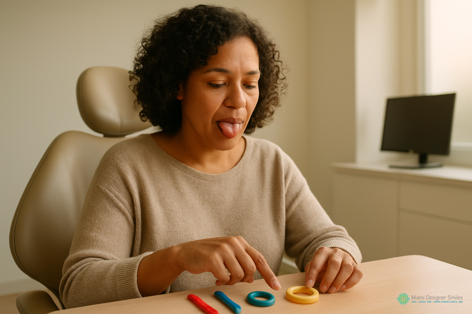 A woman sits at a desk sticking out her tongue, using her fingers to touch colored rings and sticks arranged on the table—an exercise often guided by Miami myofunctional therapy specialists.