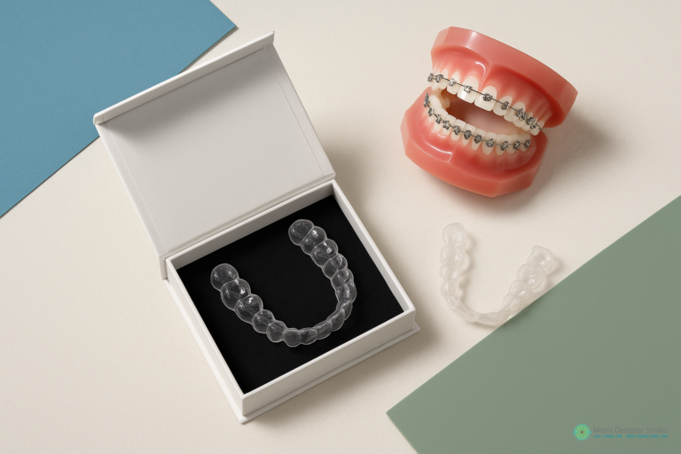 A dental model with metal braces illustrates the look of traditional orthodontics, while a clear aligner in a box and another clear aligner placed on a table with colored paper highlight the invisalign vs traditional braces comparison.