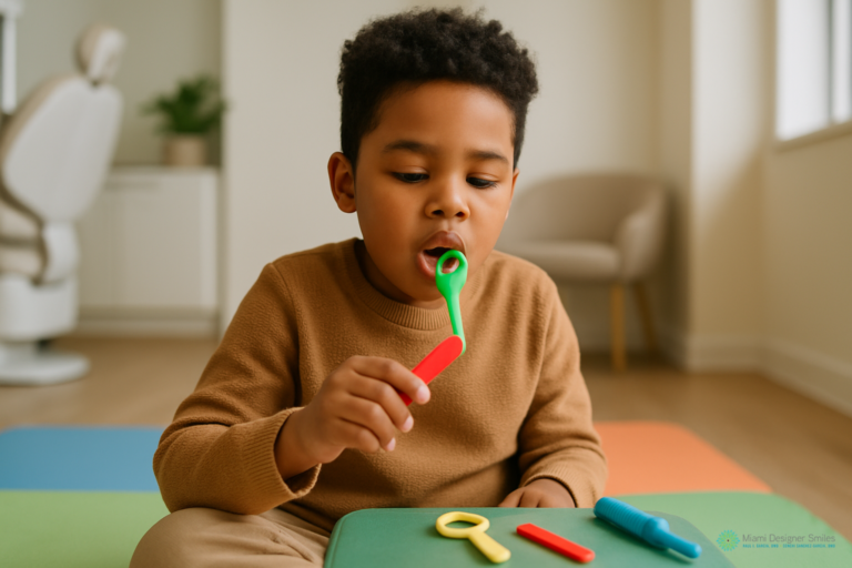 Young boy sits on a colorful mat in a bright room, holding a green toy and placing it in his mouth, with other plastic toys lying in front of him—an activity often observed by Miami myofunctional therapy specialists who focus on healthy oral habits in children.