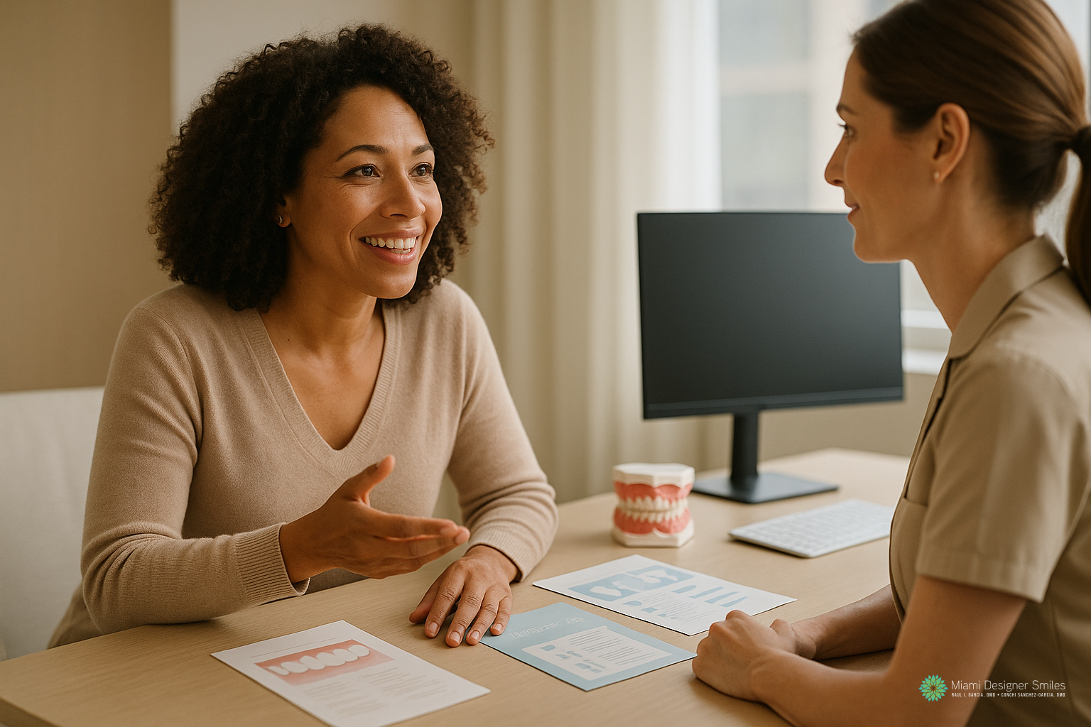 Two women sit at a desk engaged in a smile makeover consultation, discussing dental documents, with a computer monitor and a dental model visible in the background.