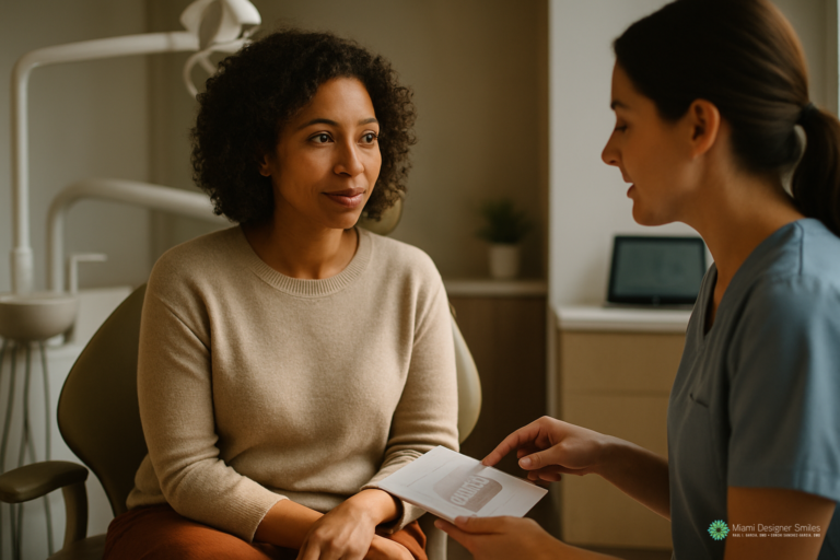 A new patient sits in a dental office while a dental professional explains something using a paper chart.