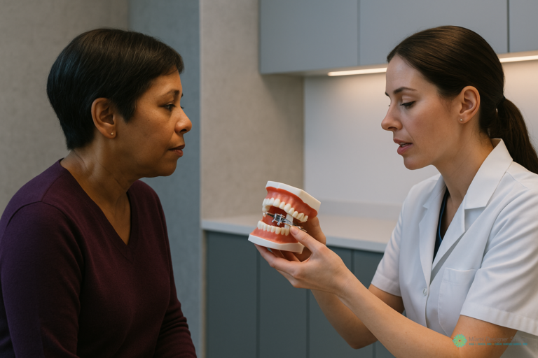 A dental professional shows a patient a model of teeth with braces, explaining dental treatment options—including the MARPE technique for jaw expansion—in a clinic setting.