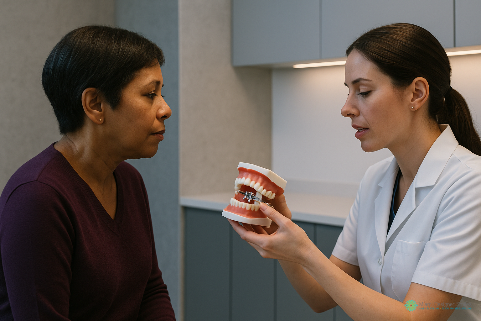 A dental professional shows a patient a model of teeth with braces, explaining dental treatment options—including the MARPE technique for jaw expansion—in a clinic setting.