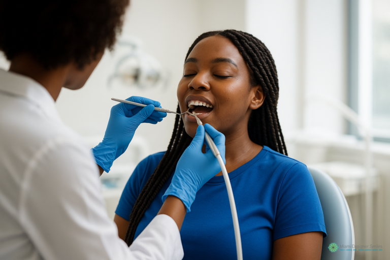 A Miami family dentist wearing gloves examines a patient’s teeth with dental tools in a brightly lit clinic.