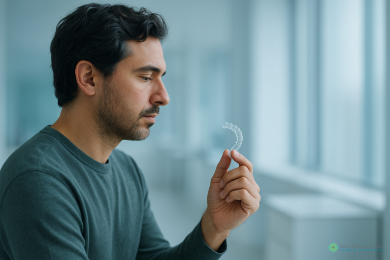 A man in a green sweater examines a clear dental aligner, contemplating invisalign vs traditional braces while sitting in a bright room with large windows.