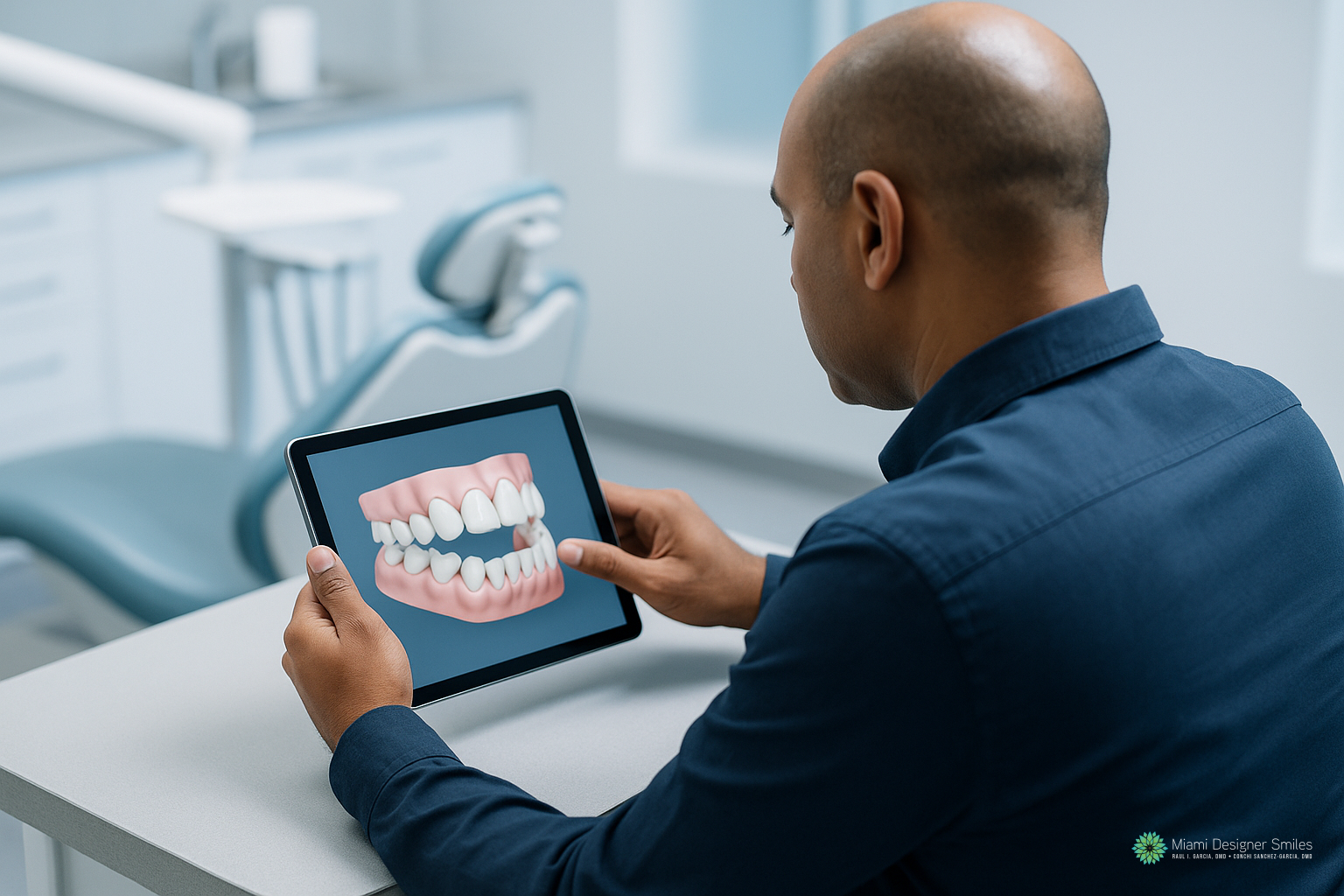 A man sits at a desk in a dental office, viewing a 3D dental model showing teeth alignment on a tablet, expertly guided by his trusted Miami family dentist.