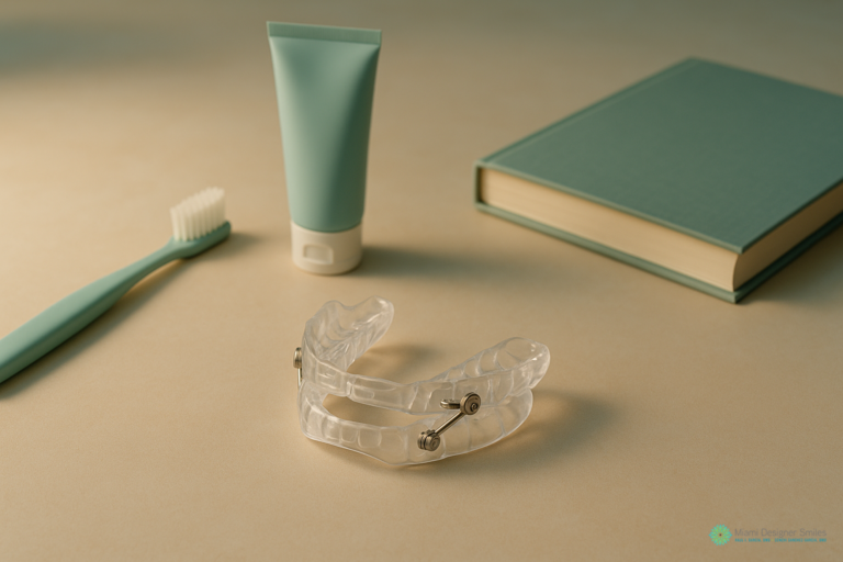 A clear dental mouthguard appliance, often used as part of obstructive sleep apnea solutions, sits on a beige surface next to a toothbrush, a tube of toothpaste, and a closed book.