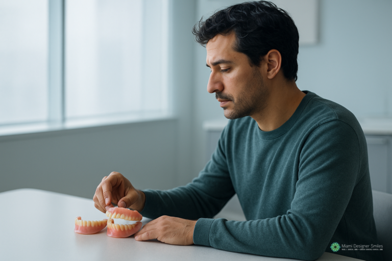 A man sits at a table examining a set of model dentures with his hand, contemplating the benefits of affordable dentures in Miami.