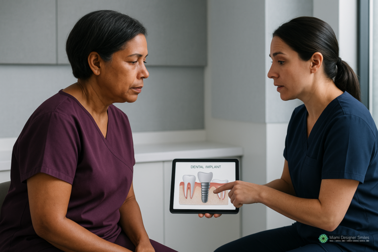 Two women in medical scrubs discuss a dental implant diagram displayed on a tablet, with one woman pointing to the image while the other listens attentively as they review the best dental implant options for their patient.