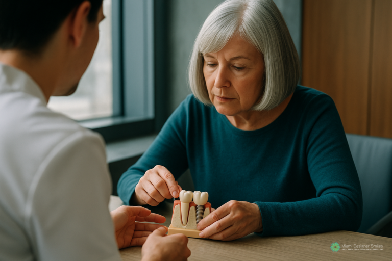An older woman examines a dental implant model while discussing the best dental implant options with a dental professional at a table.