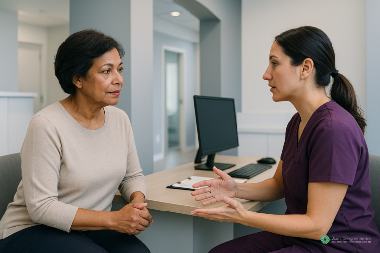 A woman in scrubs speaks to a new patient in an office, sitting across from each other near a computer on a desk.