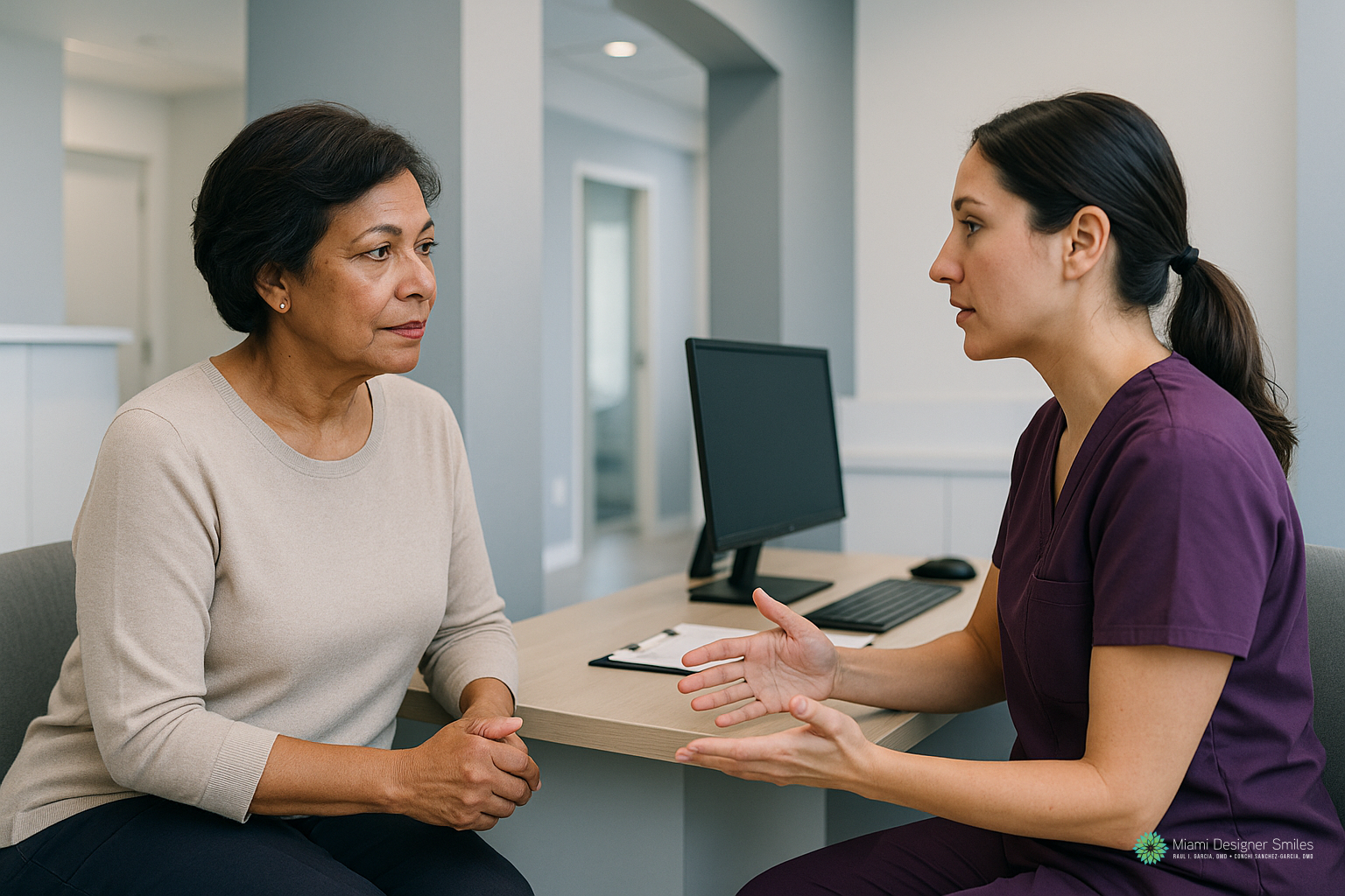 A woman in scrubs speaks to a new patient in an office, sitting across from each other near a computer on a desk.